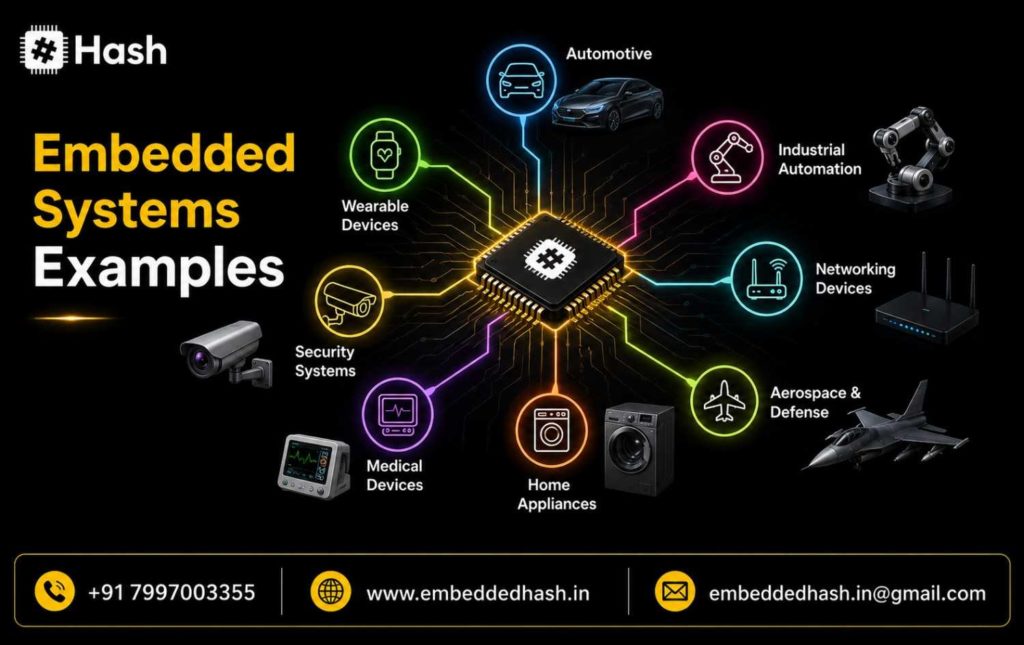 Embedded systems examples including smart home devices, automotive electronics, medical equipment, industrial automation, consumer electronics, IoT devices, and robotics.