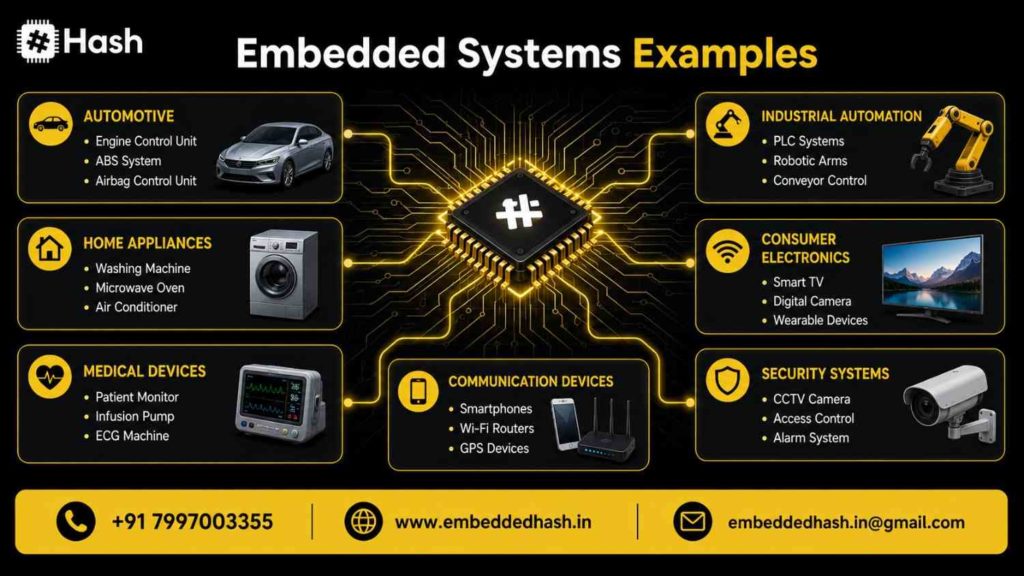 Embedded systems examples across automotive, healthcare, consumer electronics, industrial automation, IoT, aerospace, robotics, and smart home applications.