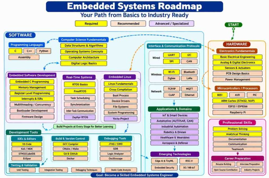 Embedded Systems Roadmap showing a step-by-step learning path from programming and electronics to Embedded Linux, RTOS, IoT, ARM, debugging, and career preparation.